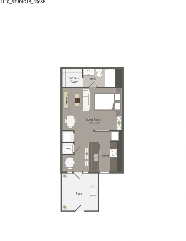 Floor plan for studio, 1 bath, 536 sqft